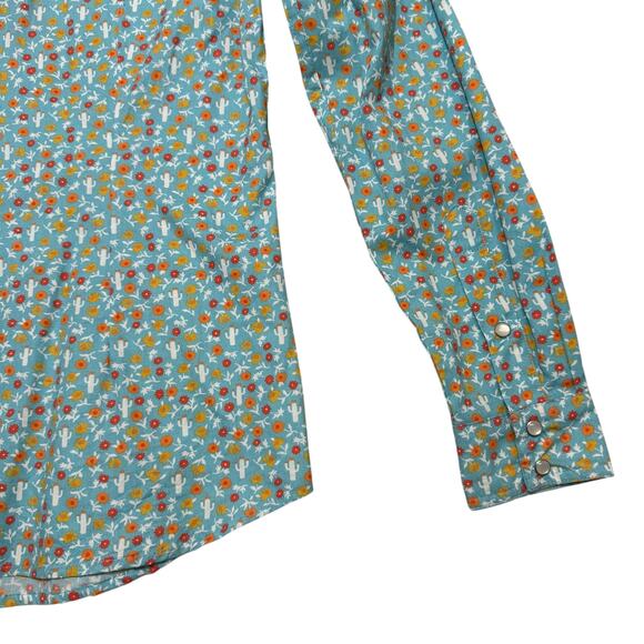 Panhandle Juniors Pearl Snap Shirt Turquoise Blue Floral Cactus Print Medium - Picture 9 of 12